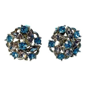 Trifari Vintage Sparkling Silver-Tone Blue & Clear Clip-On Earrings.